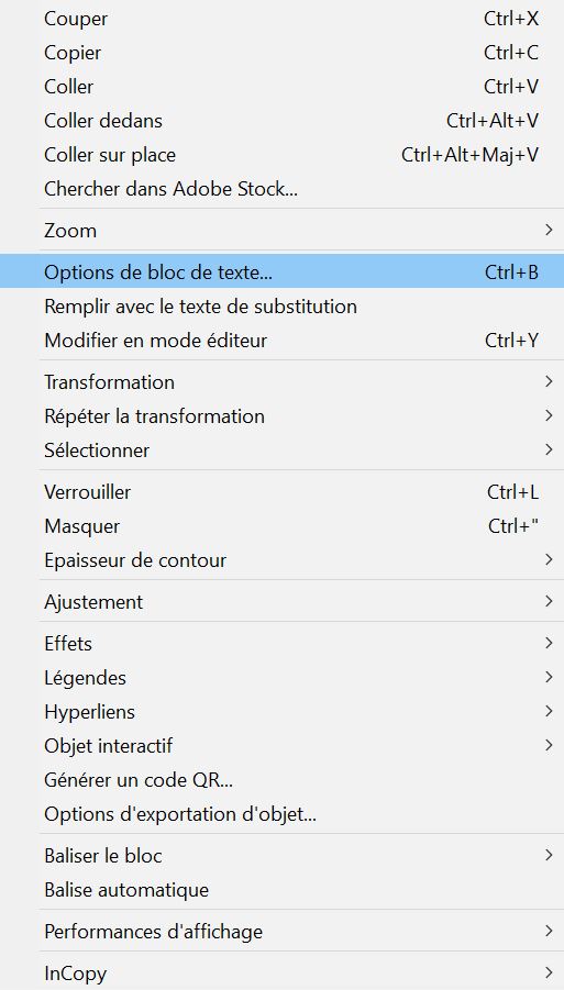 Options de bloc texte