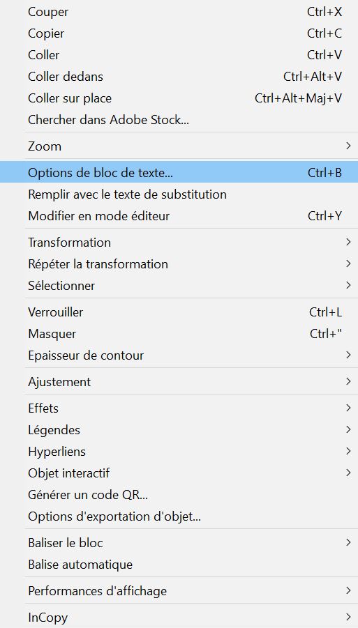Options de bloc texte
